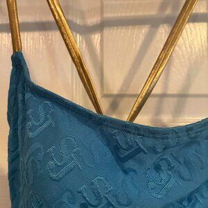 NEW NWOT St John Swim Logo Blue Metallic Gold Logo One-Piece Swimsuit